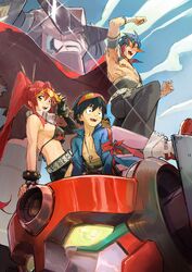  2boys absurdres arm_up belt bikini bikini_top_only black_hair black_pants blue_hair blue_jacket boota_(ttgl) breasts drill elbow_sleeve female flame_print from_below gurren-lagann hair_ornament hairpin high_ponytail highres jacket kamina_(ttgl) kamina_shades large_breasts letro multiple_boys no_shirt open_mouth pants red_hair robot short_shorts shorts sideboob sidelocks simon_(ttgl) sitting sky studded_belt swimsuit tengen_toppa_gurren_lagann triangular_eyewear white_footwear wrist_cuffs yoko_littner 