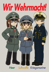  3girls :d black_gloves blue_eyes blue_hair blush boots brown_eyes brown_hair closed_mouth commentary_request cross crossover epaulettes full_body ga_geijutsuka_art_design_class german_text glasses gloves grey_background hair_ornament hand_on_own_hip hat hidamari_sketch highres iron_cross kajiwara_sora kriegsmarine long_hair long_sleeves looking_at_viewer luftwaffe md5_mismatch military military_hat military_uniform multiple_crossover multiple_girls naval_uniform nazi open_mouth peaked_cap round_eyewear simple_background sketchbook_full_colors smile standing swastika translated uniform wehrmacht x_hair_ornament yamaguchi_kisaragi yasu_(luchs&amp;mardar) yuno_(hidamari_sketch) 