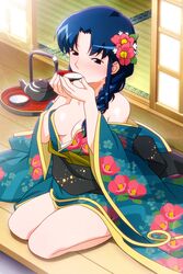  alternate_costume bare_shoulders blue_eyes blue_hair braid breasts cleavage drinking female floral_print flower fujiwara_aya hair_flower hair_ornament hair_over_shoulder holding holding_saucer indoors japanese_clothes kimono long_hair long_sleeves non-web_source off_shoulder official_art photoshop_(medium) pot saucer seiza sitting sliding_doors solo super_real_mahjong tanaka_ryou tatami wide_sleeves 