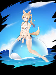  :d absurdres animal_ears bare_shoulders bikini blonde_hair breasts chinese_commentary choker cleavage cloud day feet female full_body hair_between_eyes highres large_breasts looking_to_the_side navel ocean open_mouth original outdoors pink_eyes ponytail riding shidiancijianongpao side-tie_bikini_bottom sky smile solo swimsuit tail teeth thigh_strap thighs toes upper_teeth_only wedge_heels whale white_bikini white_choker white_footwear 