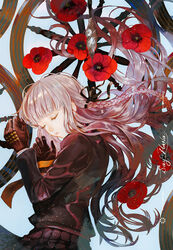  black_gloves black_jacket black_ribbon black_skirt blunt_bangs braid camellia commentary danganronpa:_trigger_happy_havoc danganronpa_(series) eyelashes female flower from_side gloves hair_ribbon jacket kirigiri_kyoko light_particles long_hair looking_at_viewer lying necktie on_side parted_lips photoshop_(medium) pleated_skirt purple_hair red_flower ribbon say_hana school_uniform side_braid single_braid skirt solo spindle spinning_wheel upper_body very_long_hair yellow_necktie 