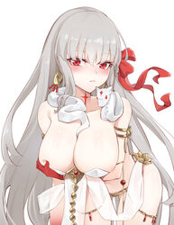  arm_under_breasts armlet bare_shoulders belly_chain blush body_markings bracelet breast_hold breasts cleavage collarbone colored_skin durga_(fate) earrings facial_mark fate/grand_order fate_(series) female forehead_mark gradient_skin grey_hair hair_ribbon highres jewelry large_breasts leaning_forward ling_huanxiang long_hair looking_at_viewer pelvic_curtain red_eyes red_skin revealing_clothes ribbon sash snake solo thighs very_long_hair 