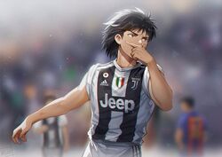  1boy adidas black_hair captain_tsubasa clothes_writing cowboy_shot english_commentary hand_on_own_face hyuuga_kojirou juventus_fc male_focus paulo_dybala pose rico_t08 serie_a sleeves_rolled_up soccer_uniform sportswear 