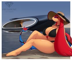  anthro big_breasts bikini black_bikini black_clothing black_swimwear breasts cleavage clothed clothing female generation_3_pokemon hair hat headgear headwear hi_res huge_breasts human mammal marine mila_(president_alexander) milotic nintendo pink_eyes pokemon pokemon_(species) pres._alexander presialexander red_hair seaside solo swimwear thick_thighs vehicle watercraft yacht 