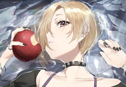  apple applepie_(12711019) black_nails black_neckwear blonde_hair bracelet broken_glass choker commentary_request ear_chain ear_piercing earrings female food food_bite fruit glass hair_over_one_eye highres idolmaster idolmaster_cinderella_girls idolmaster_cinderella_girls_starlight_stage jewelry lying on_back parted_lips partially_submerged piercing red_eyes ring shirasaka_koume short_hair skull_ring solo spaghetti_strap spiked_choker spikes tiles 