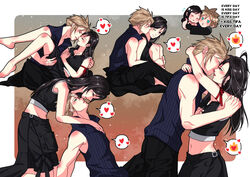  1boy apron arm_ribbon babigonice bare_shoulders barefoot black_hair blonde_hair blue_eyes blush carrying cloud_strife couple crop_top cuddling earrings english_text female final_fantasy final_fantasy_vii final_fantasy_vii_advent_children heart high_collar hug jewelry kissing kissing_cheek long_hair midriff midriff_peek multiple_views navel princess_carry red_eyes ribbon shirt shorts sitting sleeveless speech_bubble spiked_hair standing straight tifa_lockhart waist_apron 