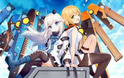  2girls :d ainy bare_shoulders black_legwear blonde_hair blue_bow blue_eyes blush boots bow breasts coral_(final_gear) evelynn_(final_gear) final_gear green_eyes hair_ornament highres large_breasts long_hair long_sleeves looking_at_viewer multiple_girls one_eye_closed open_mouth parted_lips short_hair single_thighhigh sitting skirt sleeveless small_breasts smile thigh_strap thighhighs white_hair 