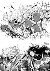  3girls armor black_sclera blush braid breasts character_request clenched_teeth colored_sclera dark_angels fighting forgiveness frown genderswap_(mtf) glaring greyscale grin highres holding holding_sword holding_weapon konrad_curze large_breasts leman_russ lightning_claw lion_el&#039;jonson lion_sword long_hair monochrome multiple_girls night_lords open_mouth primarch rule_63 ryuusei_(mark_ii) siblings signature simple_background sisters smile space_wolves sword teeth two-handed warhammer_40k weapon white_background 