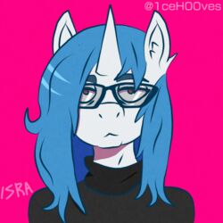  1:1 1ce_h00ves 1ce_h00ves_(character) anthro black_clothing blue_hair brown_eyes clothing equid eye_contact eyewear flat_colors fluffy_ears glasses hair hi_res icon long_hair looking_at_another looking_at_viewer magenta_background male mammal shaded simple_background simple_coloring simple_shading solo white_body 