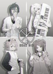  1other 3girls :d :p absurdres ahoge akabane_youko androgynous animal_ears bad_id bad_pixiv_id bass_guitar chromatic_aberration dingwall_guitars drumsticks greyscale guitar guitaro_(yabasaki_taro) hand_on_own_hip highres holding holding_microphone hood hoodie instrument jacket jewelry keyboard_(instrument) long_hair long_sleeves looking_at_viewer microphone monochrome multiple_girls necklace nijisanji open_mouth ponytail ryuushen sasaki_saku shiina_yuika short_hair short_sleeves smile tongue tongue_out upper_body very_long_hair virtual_youtuber zipper 