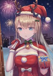  absurdres blonde_hair blue_eyes box capelet cityscape commentary_request doorway dress female fireworks fur-trimmed_capelet fur-trimmed_gloves fur-trimmed_headwear fur_trim gift gift_box gloves hat highres holding holding_gift lexington_(cv-16)_(warship_girls_r) long_hair night night_sky red_capelet red_dress red_gloves red_hat sack santa_costume santa_hat sky solo strapless strapless_dress warship_girls_r xinghen_az 