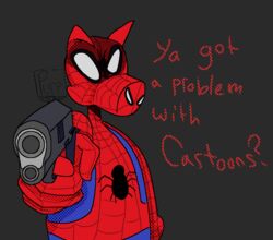  2019 aiming_at_viewer angry anthro asking asking_viewer close-up clothed clothing dialogue domestic_pig english_text floppy_ears grey_background gun headgear humor long_ears looking_at_viewer male mammal marvel mask purblebaby question question_mark ranged_weapon simple_background solo spider-ham spider-ham_(character) spider-man:_spider-verse spider-man_(series) standing suid suina superhero sus_(pig) text uniform weapon white_eyes yes-no_question 