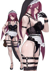  absurdres alternate_costume apron black_choker black_gloves black_leotard breasts chela77 choker claw_ring closed_mouth cup female fishnet_thighhighs fishnets frills from_side full_body genshin_impact gloves habit hair_over_one_eye hand_on_own_hip harness highres holding holding_cup lace_leotard lace_trim large_breasts legs legwear_garter leotard lingerie maid maid_apron multiple_views nun o-ring o-ring_harness o-ring_legwear_garter o-ring_thigh_strap one_eye_covered parted_lips purple_eyes purple_hair rosaria_(genshin_impact) short_hair_with_long_locks sidelocks simple_background skindentation standing thigh_strap thighhighs thighs underwear white_background 