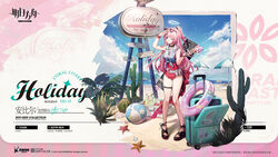  ambriel_(arknights) ambriel_(holiday)_(arknights) arknights arm_up artist_request beach beach_umbrella black_collar breasts bullet_hole cactus casual_one-piece_swimsuit chinese_text collar copyright_name eyewear_on_head female food frilled_one-piece_swimsuit frills full_body half_updo halo hand_up heart heart-shaped_eyewear highres holding holding_food holding_ice_cream ice_cream infection_monitor_(arknights) innertube medium_breasts nail_polish ocean official_alternate_costume official_art one-piece_swimsuit one_eye_closed outdoors pink-tinted_eyewear pink_hair promotional_art purple_eyes red_nails red_one-piece_swimsuit red_scrunchie rolling_suitcase scrunchie second-party_source shirt sleeveless sleeveless_shirt solo starfish suitcase swim_ring swimsuit swimsuit_under_clothes thigh_strap tied_shirt tinted_eyewear toenail_polish toenails toes umbrella white_halo white_shirt wrist_scrunchie 