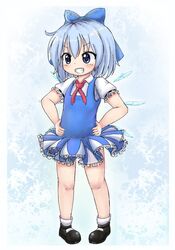  black_footwear blue_bow blue_dress blue_eyes blue_hair blush bow cirno collared_shirt commentary dress female flat_chest grin hairbow ice ice_wings light_blue_hair mcsadat neck_ribbon pinafore_dress puffy_short_sleeves puffy_sleeves red_ribbon ribbon shirt shoes short_dress short_hair short_sleeves sleeveless sleeveless_dress smile socks solo touhou v-shaped_eyebrows white_shirt white_socks wings 