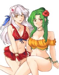  2girls :d absurdres bare_shoulders bikini bikini_skirt blush breasts brown_eyes cleavage collarbone elincia_ridell_crimea elincia_ridell_crimea_(summer) fingerless_gloves fire_emblem fire_emblem:_radiant_dawn fire_emblem_heroes flower gloves green_hair grey_hair hair_flower hair_ornament hair_ribbon hibiscus highres large_breasts long_hair looking_at_viewer medium_breasts micaiah_(fire_emblem) micaiah_(summer)_(fire_emblem) miniskirt multiple_girls navel off-shoulder_bikini off_shoulder official_alternate_costume open_mouth orange_bikini red_bikini red_gloves ribbon side-tie_bikini_bottom simple_background sitting skirt smile swimsuit tridisart white_background wristband yellow_eyes 