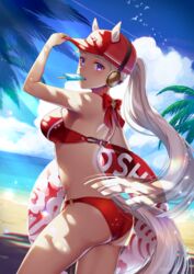  akatsuki_(kuon) animal_ears ass baseball_cap beach bikini blue_sky blunt_bangs cloud day female food food_in_mouth gold_ship_(umamusume) grey_hair hat highres holding holding_food holding_swim_ring horse_ears horse_girl horse_tail innertube long_hair medium_hair ocean outdoors palm_tree ponytail popsicle popsicle_in_mouth purple_eyes red_bikini red_hat sky solo swim_ring swimsuit tail tree umamusume very_long_hair 