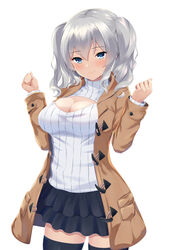  alternate_costume black_skirt black_thighhighs blue_eyes blush breasts brown_coat cleavage cleavage_cutout closed_mouth clothing_cutout coat commission cowboy_shot female grey_hair hair_between_eyes hands_up highres kantai_collection kashima_(kancolle) large_breasts long_sleeves meme_attire ochikata_kage open-chest_sweater open_clothes open_coat short_hair simple_background skeb_commission skirt smile solo sweater thighhighs twintails white_background white_sweater zettai_ryouiki 