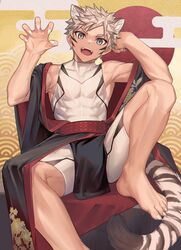  1boy animal_ears armpits barefoot bishounen collarbone fangs feet floral_print grey_hair hand_up highres japanese_clothes loincloth male_focus nail nayoshi_(r-744) open_mouth original sharp_toenails shirt short_hair sitting solo tail tiger_boy tiger_ears toenails toes toned toned_male white_shirt 