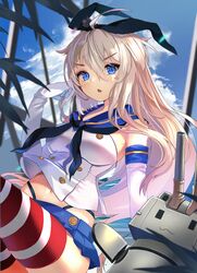  black_neckerchief black_panties blonde_hair blue_eyes blue_sailor_collar blue_skirt blush commentary crop_top day elbow_gloves female gloves hair_between_eyes highleg highleg_panties highres kantai_collection long_hair miniskirt navel neckerchief o-sirius open_mouth panties pleated_skirt rensouhou-chan sailor_collar school_uniform serafuku shimakaze_(kancolle) skirt sleeveless solo striped_clothes striped_thighhighs thighhighs underwear white_gloves 