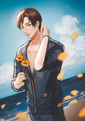  1boy absurdres beach black_jacket blue_eyes brown_hair day flower hand_up highres holding holding_flower jacket male_focus outdoors petals photoshop_(medium) senryoko standing toraware_no_palm wristband 