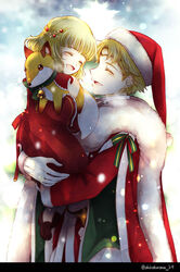  1boy aged_down blonde_hair bow brother_and_sister cape carrying circlet closed_eyes commentary_request female fire_emblem fire_emblem:_the_blazing_blade fire_emblem_heroes from_side fur_trim gloves guinevere_(fire_emblem) hair_ornament hat holding holding_stuffed_toy long_sleeves open_mouth pom_pom_(clothes) red_headwear santa_costume santa_hat shirokuroma_29 short_hair siblings stuffed_animal stuffed_toy twitter_username white_gloves zephiel_(fire_emblem) zephiel_(winter)_(fire_emblem) 