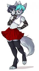  2_heads anthro arm_warmers armwear bottomwear canid canine canis clothing conjoined crop_top damien_and_camille femboy hi_res leggings legwear magicalzombie male mammal multi_head shirt skirt solo topwear trans_(lore) trans_woman_(lore) wolf 