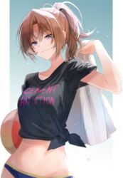  aqua_background arm_up ball beachball bikini black_shirt blue_bikini blue_panties breasts brown_hair carrying_clothes carrying_over_shoulder cement_addiction closed_mouth clothes_writing collarbone commentary_request english_text female gradient_background grey_shirt groin hair_between_eyes hair_intakes hand_up hibike!_euphonium highres holding holding_ball light_smile medium_breasts messy_hair midriff musshu_(omu001) nakagawa_natsuki navel no_pants panties parted_bangs ponytail purple_eyes shiny_skin shirt solo swimsuit t-shirt tied_shirt underwear upper_body white_background 