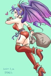  ass blue_hair breasts breath_of_fire breath_of_fire_ii dated dragon_girl female hamamuraacca highres long_hair looking_at_viewer monster_girl patty_the_phantom_thief pointy_ears ponytail simple_background solo thighhighs wings 