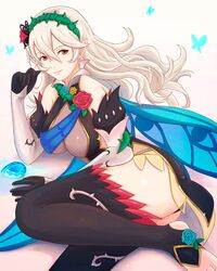  absurdres ass bare_shoulders black_thighhighs breasts bug butterfly corrin_(female)_(fire_emblem) corrin_(female)_(resplendent)_(fire_emblem) corrin_(fire_emblem) dragonstone dress elbow_gloves english_commentary female fire_emblem fire_emblem_fates fire_emblem_heroes flower gloves grey_hair hair_flower hair_ornament hairband highres large_breasts looking_at_viewer lying official_alternate_costume on_side panties pantyshot pointy_ears red_eyes rose see-through short_dress smile solo thighhighs thorns toeless_legwear truejekart underwear white_background wing_cape 