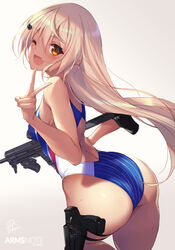  ;d arms_note artist_name ass back_cutout bad_gun_anatomy bare_arms bare_shoulders blonde_hair blue_one-piece_swimsuit blush breasts cbj-ms clothing_cutout commentary_request competition_swimsuit copyright_name female foregrip fukai_ryosuke gradient_background grey_background gun hair_between_eyes hair_ornament handgun highleg highleg_swimsuit highres holding holding_gun holding_weapon holster holstered leaning_forward leg_up long_hair looking_at_viewer looking_back oerba_yun_fang one-piece_swimsuit one_eye_closed open_mouth optical_sight orange_eyes photoshop_(medium) signature small_breasts smile solo striped_clothes striped_one-piece_swimsuit submachine_gun swimming_club_kouhai_(fukai_ryousuke) swimsuit thigh_holster v very_long_hair weapon 