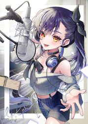  blue_hair breasts collar dark_blue_hair female grey_shirt headphones headphones_around_neck highres korean_commentary lilpa long_hair looking_at_viewer medium_breasts microphone off-shoulder_shirt off_shoulder open_mouth plaid plaid_shorts ponytail reaching reaching_towards_viewer shirt shorts solo u_nyam virtual_youtuber waktaverse yellow_eyes 