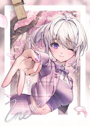  cherry_blossoms closed_mouth collared_shirt crop_top cropped_jacket cropped_shirt female gyaru_v highres ine_(vtuber) jacket korean_commentary looking_at_viewer medium_hair navel neck_ribbon one_eye_closed open_clothes open_jacket outdoors petals pink_jacket plaid plaid_jacket ponytail purple_eyes purple_nails purple_ribbon ribbon shirt solo tree u_nyam upper_body v virtual_youtuber waktaverse white_hair 