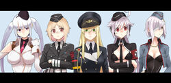  5girls ahoge armband bandage_over_one_eye bandaid bandaid_on_face bandaid_on_nose belt black_gloves black_leotard black_necktie black_shirt blonde_hair blue_background blue_jacket bra breasts brown_eyes c96_(girls&#039;_frontline) closed_mouth crossed_arms detached_sleeves garrison_cap gear_(gearba50) girls&#039;_frontline gloves green_eyes grey_hair hair_between_eyes half_gloves hat head_tilt headphones highres holding holding_own_arm jacket leotard long_hair long_sleeves looking_at_viewer looking_away looking_to_the_side mg42_(girls&#039;_frontline) military military_hat military_uniform mp40_(girls&#039;_frontline) multiple_girls necktie open_clothes p08_(girls&#039;_frontline) pouch purple_eyes red_armband red_eyes red_necktie shirt short_hair simple_background stg44_(girls&#039;_frontline) twintails underwear uniform very_long_hair white_hair white_shirt 