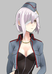  bandage_over_one_eye black_leotard blue_jacket breasts brown_eyes female garrison_cap gear_(gearba50) girls&#039;_frontline grey_background grey_hair hair_between_eyes hat highres jacket leotard looking_away military p08_(girls&#039;_frontline) short_hair simple_background solo uniform 