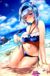  absurdres bangle bare_arms bare_shoulders bikini blue_bikini blue_sky blush bracelet breasts cleavage cloud cloudy_sky commentary_request crab day eula_(genshin_impact) female frilled_bikini frills genshin_impact hairband half-closed_eyes highres izumikuu jewelry large_breasts long_hair medium_hair navel ocean outdoors panties side-tie_bikini_bottom sky smile starfish string_panties swimsuit thighs underwear water wet 