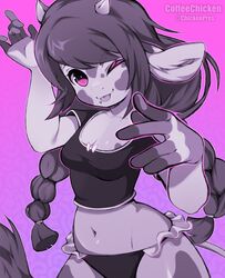  2023 5_fingers anthro artist_name black_clothing black_hair black_shirt black_topwear blep bovid bovine braided_hair breasts cattle clothed clothing coffeechicken female fingers hair hi_res long_hair looking_at_viewer mammal navel one_eye_closed purple_eyes shirt slim small_breasts small_moo smile solo tail tail_tuft tongue tongue_out topwear tuft wink winking_at_viewer 