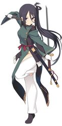  black_hair buttons chokutou closed_mouth double-breasted dual_wielding female full_body gloves holding holding_sword holding_weapon long_hair long_sleeves looking_at_viewer open_pants pants pelvic_curtain purple_eyes reverse_grip ritual_baton shichiseiken_(tenka_hyakken) shiseki_hirame shoes side_ponytail simple_background smile solo standing standing_on_one_leg sword tenka_hyakken weapon white_background white_gloves white_pants 