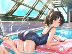  aliasing ass barefoot book brown_hair illusion_connect long_hair maki_(illusion_connect) ponytail pool qian_wu_atai red_eyes school_swimsuit swimsuit water 