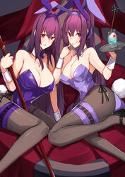  2girls absurdres animal_ears blush breasts cleavage cosplay cup detached_collar drinking_glass fake_animal_ears fate/grand_order fate_(series) fishnet_pantyhose fishnets food gae_bolg_(fate) hair_between_eyes highleg highleg_leotard highres holding holding_polearm holding_weapon ice_cream ice_cream_float large_breasts legs leotard long_hair looking_at_viewer matching_outfits multiple_girls nanakaku official_alternate_costume pantyhose playboy_bunny polearm purple_hair purple_leotard rabbit_ears red_eyes scathach_(fate) scathach_(fate)_(cosplay) scathach_(piercing_bunny)_(fate) scathach_skadi_(fate) self_cosplay spear thighs tray weapon wrist_cuffs 