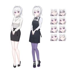  absurdres baegbalbaegjung black_footwear black_ribbon black_skirt closed_mouth collared_shirt expressions female hair_between_eyes highres ine_(vtuber) jewelry korean_commentary long_sleeves medium_hair multiple_views neck_ribbon necklace open_mouth own_hands_together pants pantyhose parted_lips ponytail purple_eyes purple_pants ribbon shirt shoes simple_background skirt sweater turtleneck turtleneck_sweater virtual_youtuber waktaverse white_background white_hair white_shirt white_sweater 