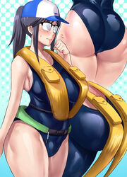  animal_print ass baseball_cap black-framed_eyewear black_hair blue_background blush breasts closed_mouth collarbone cowboy_shot dotted_background female fish_print flying_sweatdrops glasses gradient_background haikawa_hemlen hand_up hat houkago_teibou_nisshi large_breasts life_vest long_hair multiple_views one-piece_swimsuit oono_makoto opaque_glasses ponytail raised_eyebrows sidelocks sweat swimsuit thick_thighs thighs 