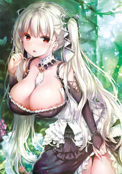  azur_lane bare_shoulders between_breasts black_bow black_dress bow breasts chiyingzai cleavage collarbone commentary cowboy_shot detached_collar dress earrings female formidable_(azur_lane) frilled_dress frills hairbow hand_up highres jewelry large_breasts long_hair long_sleeves looking_at_viewer parted_lips photoshop_(medium) plant red_eyes solo twintails very_long_hair vines white_hair 