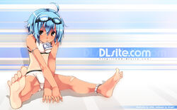  ahoge anklet bandaid barefoot bikini blue_hair brown_eyes crossed_arms dark_skin dlsite.com elle_sweet feet foreshortening goggles jewelry midriff mizugi mouth_hold pettanko refeia short_hair sitting solo spread_legs tanlines tanned wallpaper 