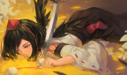  bird_wings black_hair black_wings blurry chipped_sword commentary depth_of_field detached_sleeves female hat hat_ribbon katana kourindou_tengu_costume llc long_sleeves lying on_stomach photoshop_(medium) planted planted_sword pom_pom_(clothes) ribbon shameimaru_aya solo sword tokin_hat touhou weapon wide_sleeves wings yellow_eyes 