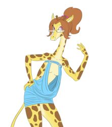  2017 absurd_res alpha_channel anthro bent_over breasts brown_hair celine_louison cleavage clothed clothing dress eyewear female giraffe giraffid glasses hair hand_on_hip hi_res kangaroo_dress looking_at_viewer mammal ponytail portrait purple_eyes sideless_clothing sideless_dress smile solo spots three-quarter_portrait topwear unknown_artist unusual_clothing unusual_dress unusual_topwear 