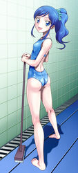  aikatsu! aikatsu!_(series) ass blue_eyes blue_hair cleaning_brush commentary_request competition_swimsuit female from_behind kiriya_aoi long_hair looking_back muhi11234 one-piece_swimsuit outdoors ponytail swimsuit 