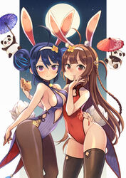  2girls ahoge animal_ears arched_back azur_lane bare_shoulders blush breasts brown_hair brown_pantyhose brown_thighhighs china_dress chinese_clothes cleavage cleavage_cutout closed_mouth clothing_cutout collarbone commentary_request covered_navel cowboy_shot dress eating fake_animal_ears food food_in_mouth food_on_face full_moon gradient_background hair_between_eyes hair_rings hairband hairpods halterneck highleg highleg_leotard highres hip_focus leaning_forward leotard long_hair looking_at_viewer medium_breasts moon multiple_girls night night_sky ning_hai_(azur_lane) ning_hai_(moon_palace_rabbit)_(azur_lane) nose_blush official_alternate_costume oil-paper_umbrella outline panda pantyhose ping_hai_(azur_lane) ping_hai_(osmanthus_moon_rabbit)_(azur_lane) playboy_bunny purple_dress purple_eyes purple_leotard rabbit_ears rabbit_tail red_dress red_eyes red_leotard sideboob sky small_breasts star_(sky) starry_sky tail thighhighs thighs turtleneck twintails umbrella white_hairband wrist_cuffs yuko_(uc_yuk) 