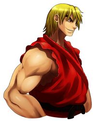  1boy belt blonde_hair brown_eyes commentary dougi english_commentary eric_lowery highres ken_masters male_focus martial_arts_belt muscular sleeveless solo street_fighter thick_eyebrows upper_body 