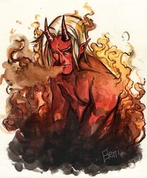  1boy dc_comics eddie_bloomberg horns kid_devil looking_at_viewer pointy_ears red_skin smoke solo topless white_hair 